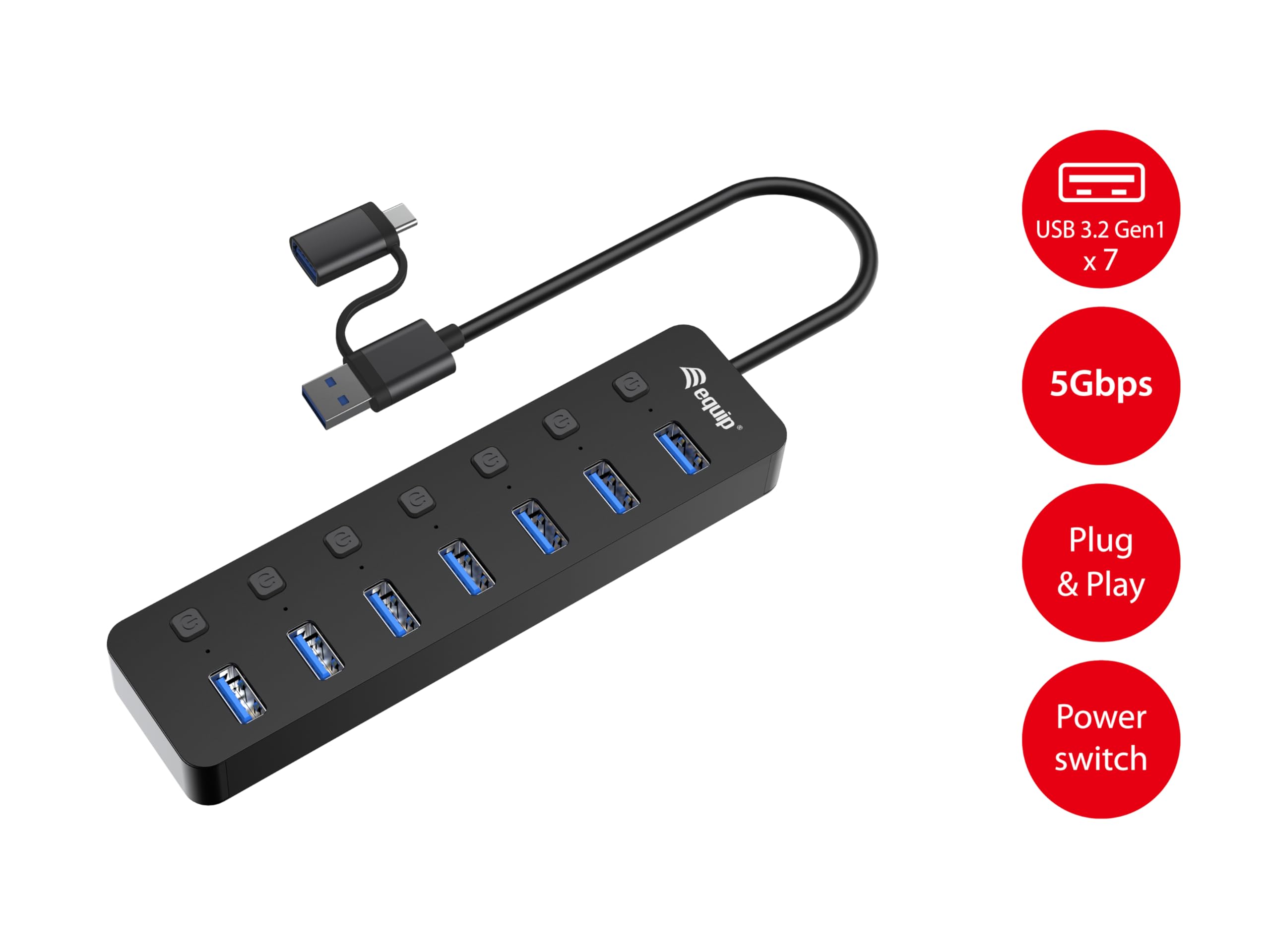 Equip 128965 Hub USB 3.2 Gen 1 a 7 porte con alimentatore di rete
