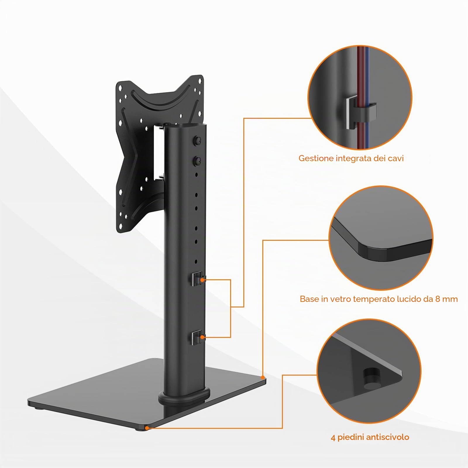 GRIFEMA GB1005-2 Supporto TV da Tavolo 17-43 Pollici Girevole Regolabile in Altezza Base in Vetro Temperato Fino a 30 kg Vesa 200x200mm