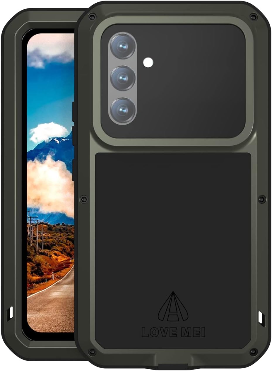 LOVE MEI Military Rugged Case for Samsung Galaxy A54, with Tempered Glass Screen Protector, Shockproof Dustproof Scratch Proof Hybrid Metal and Silicone Gel Heavy Duty Full Body Cover Green