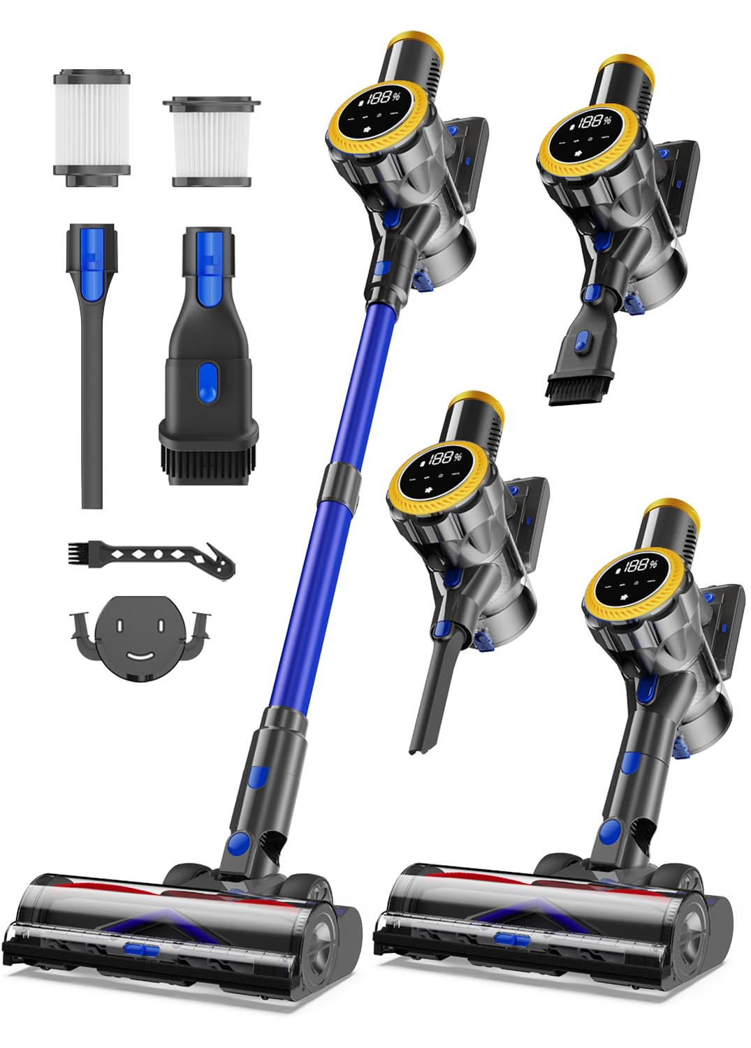 Ginaray Doré Aspirateur Balai sans Fil 580W, Poils D’Animaux & Tous Sols | Aspirateur Sans Sac Puissant ,Puissance Ajustable,Brosse Avec Éclairage LED,Cordless Vacuum Cleaner, Batterie Rechargeable