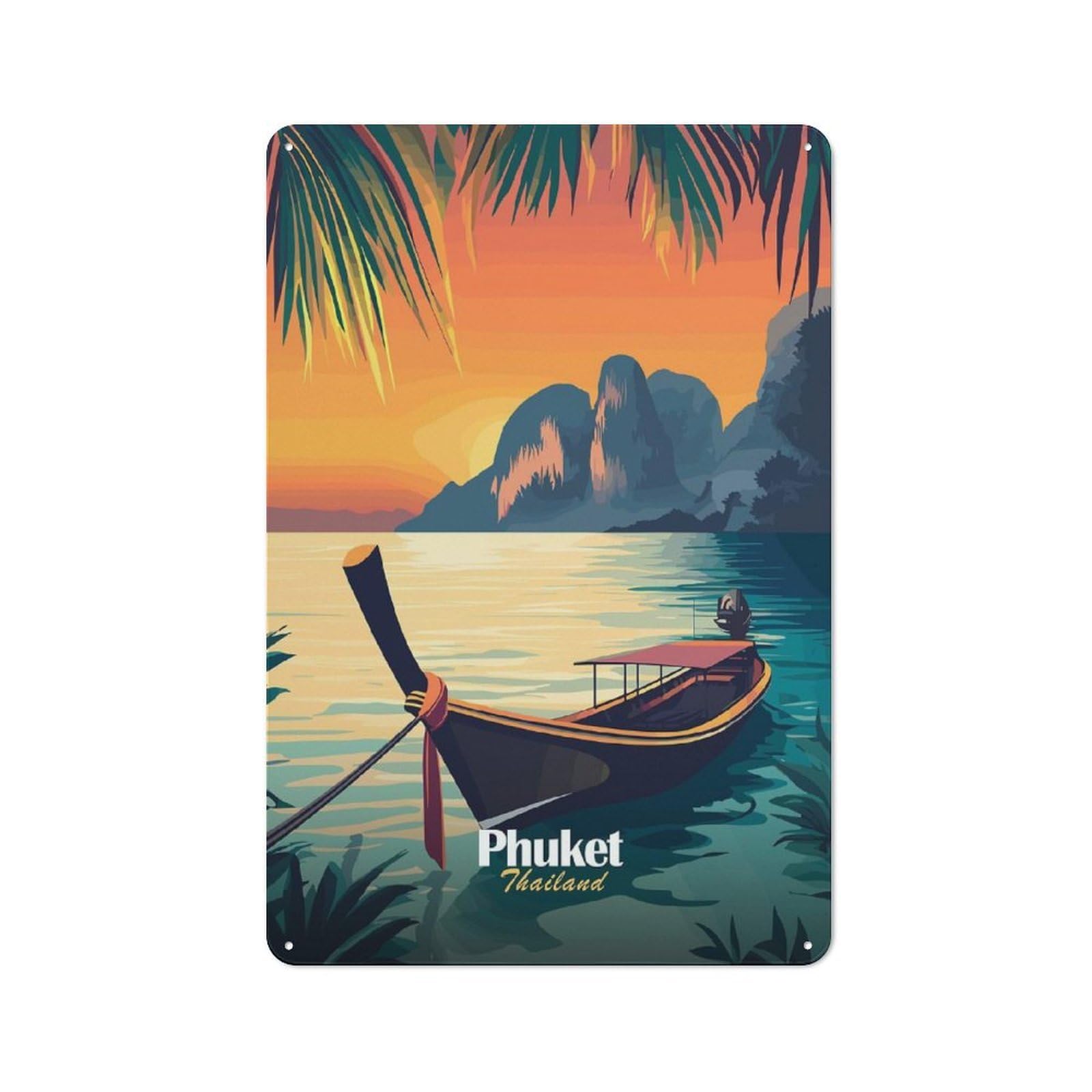Junmoney Style-6 Workshop Style Phuket Sunset Boat Tin Sign 30X20cm, Garage Wall Decor For Tool Room, Garage, Studio Or Home Bar
