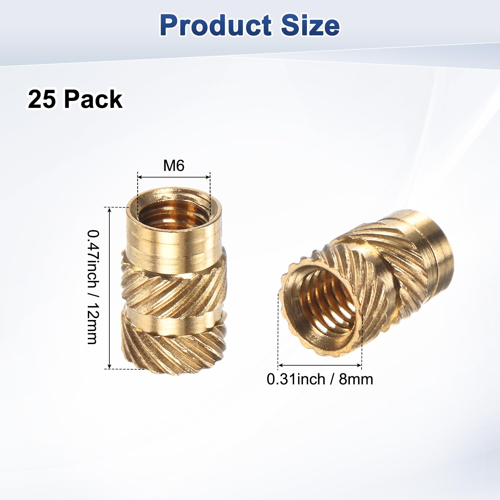 M METERXITY 25-Pack Threaded Inserts, M6 x 12mm L x 8mm OD Brass Heat Set Insert Nuts - Image 3