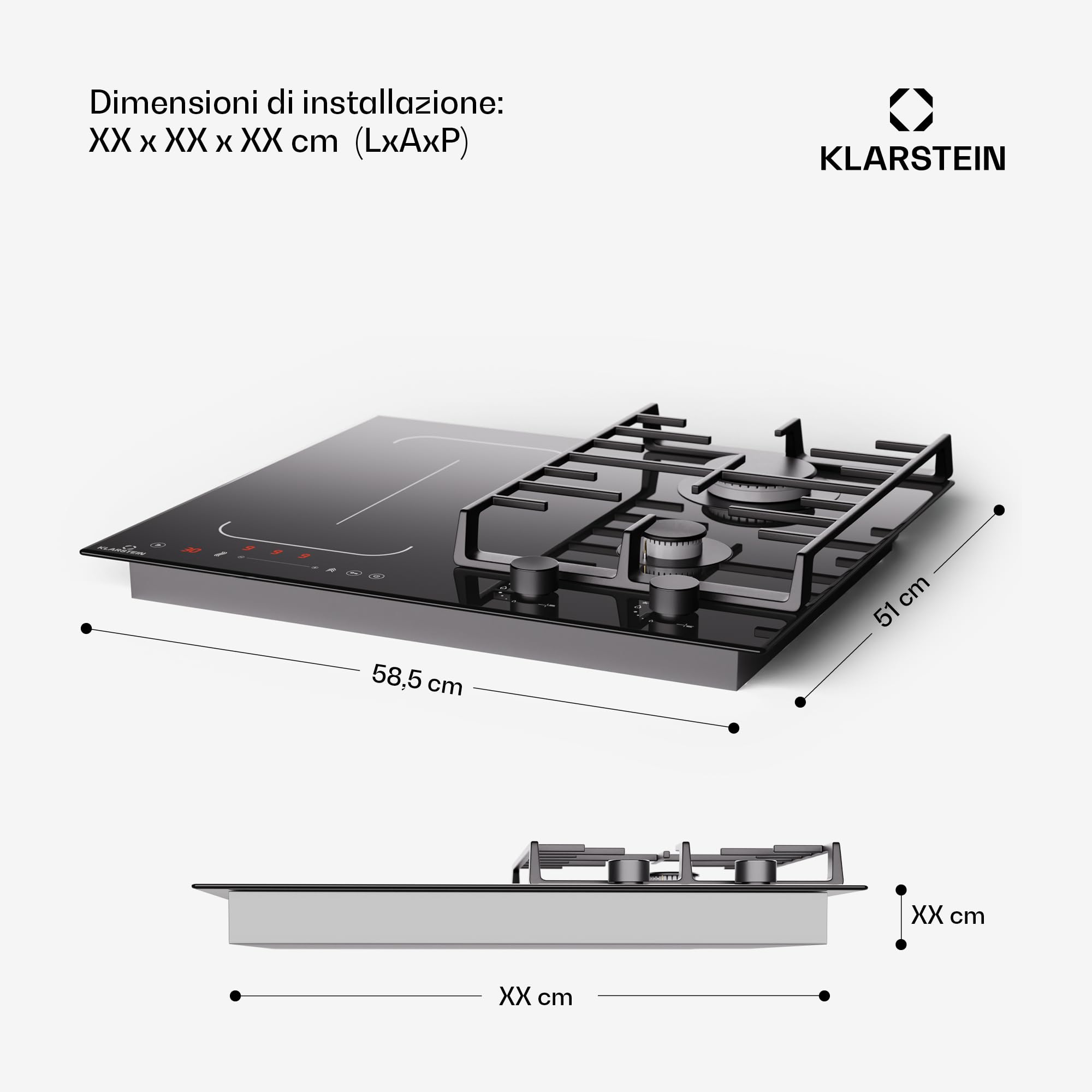 Klarstein MultiChef 4 - Piano Cottura A Induzione E Gas, 4 Zone, 2 Gas & 2 Induzione, Flexzone, Controllo Con Cursore, Stop&Go, Timer, Nero, 58,5 Cm, Design Compatto