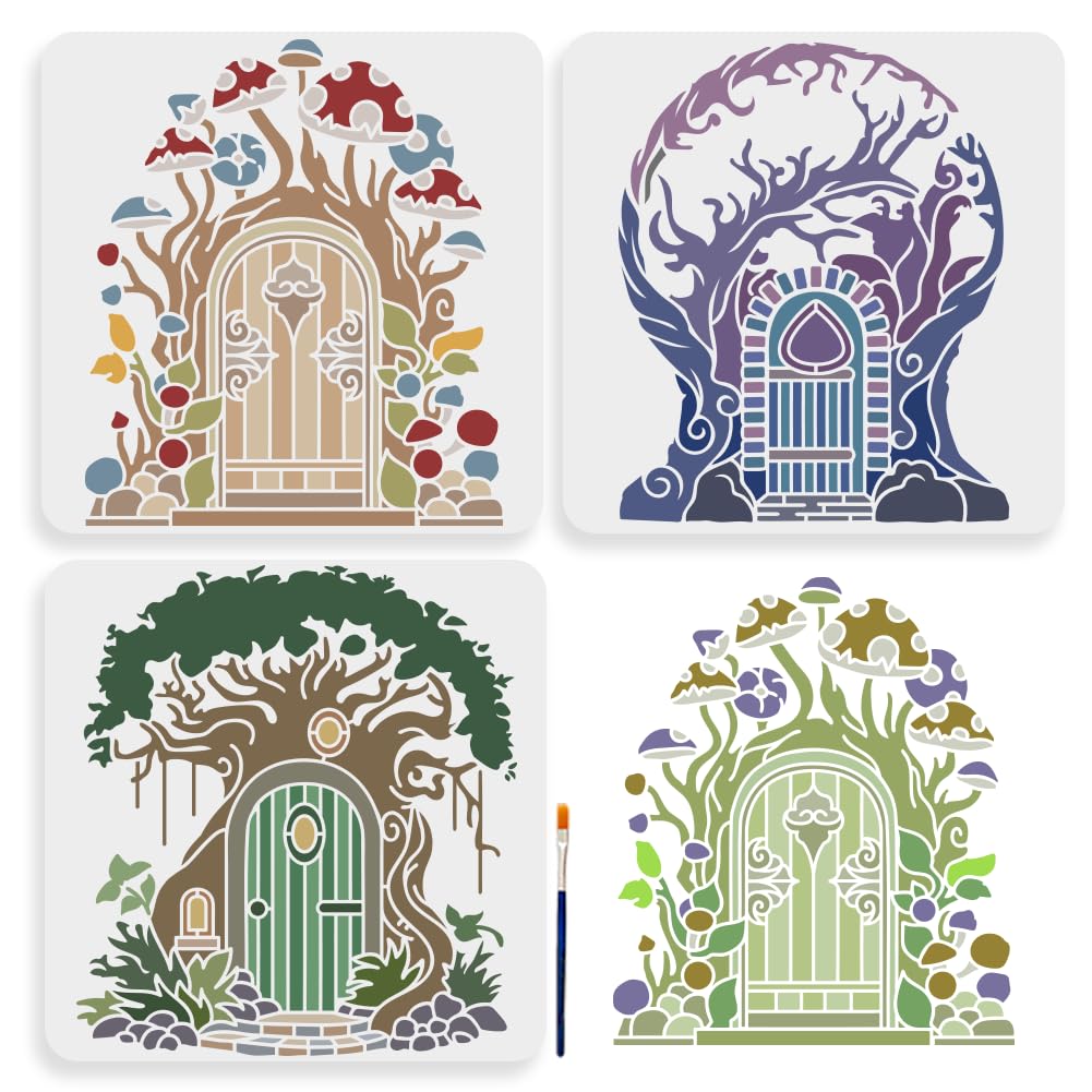 MAYJOYDIY 3pcs Tree Door Stencils 11.8×11.8inch Large Tree House Stencil with Paint Brush Reusable Mushroom Branch Tree of Life Drawing Stencils for