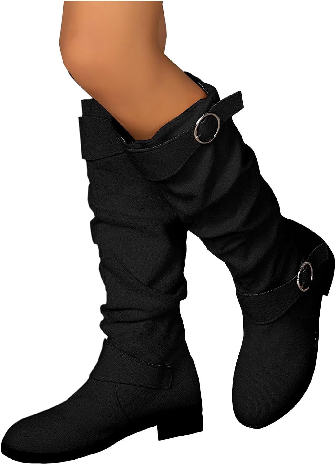 Women Slouchy Knee High Boots Low Heel High Flat Boots Mid Calf Combat Boot