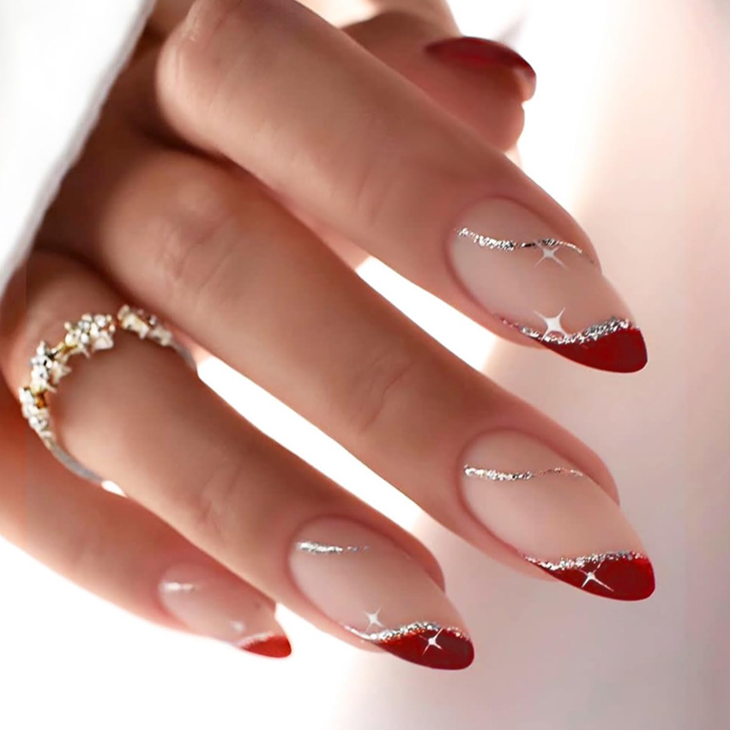 Red French Tip Press on Nails Silver Glitter Lines False Nails Matte Star Acrylic Glue on Nails Long Almond Artificial Fake Nails for Women Girls DIY