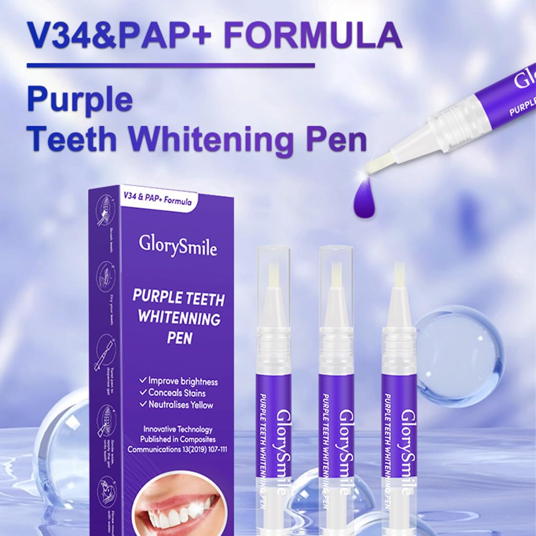 6 Pezzi Penna sbiancante viola, Strisce sbiancanti denti, efficace rimozione delle macchie, rapido sbiancamento dei denti, Penna sbiancante dei denti sicura per tutte le macchie dei denti