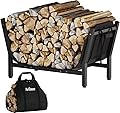 Artibear 28 Inch Firewood Rack with 900D Canvas Log Carrier Bag, Outdoor Indoor Log Holder for Fireplace, Heavy Duty Fire Wood Log Stand, Wood Pile Stacker Storage Organizer Tool for Patio Deck, Black