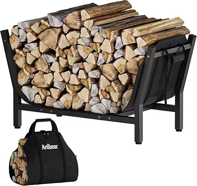 Artibear 28 Inch Firewood Rack with 900D Canvas Log Carrier Bag, Outdoor Indoor Log Holder for Fireplace, Heavy Duty Fire Wood Log Stand, Wood Pile Stacker Storage Organizer Tool for Patio Deck, Black