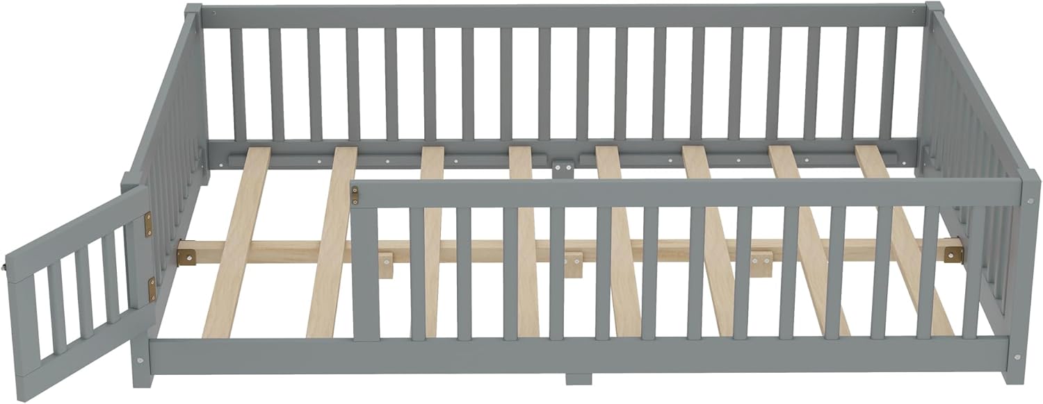 Bellemave Full Size Floor Bed Frame with Slats and Safety Guardrail, Wood Full Size Montessori Floor Bed with Door and Fence, Easy Assemble Montessori Beds for Kids, Girls, Boys, Gray