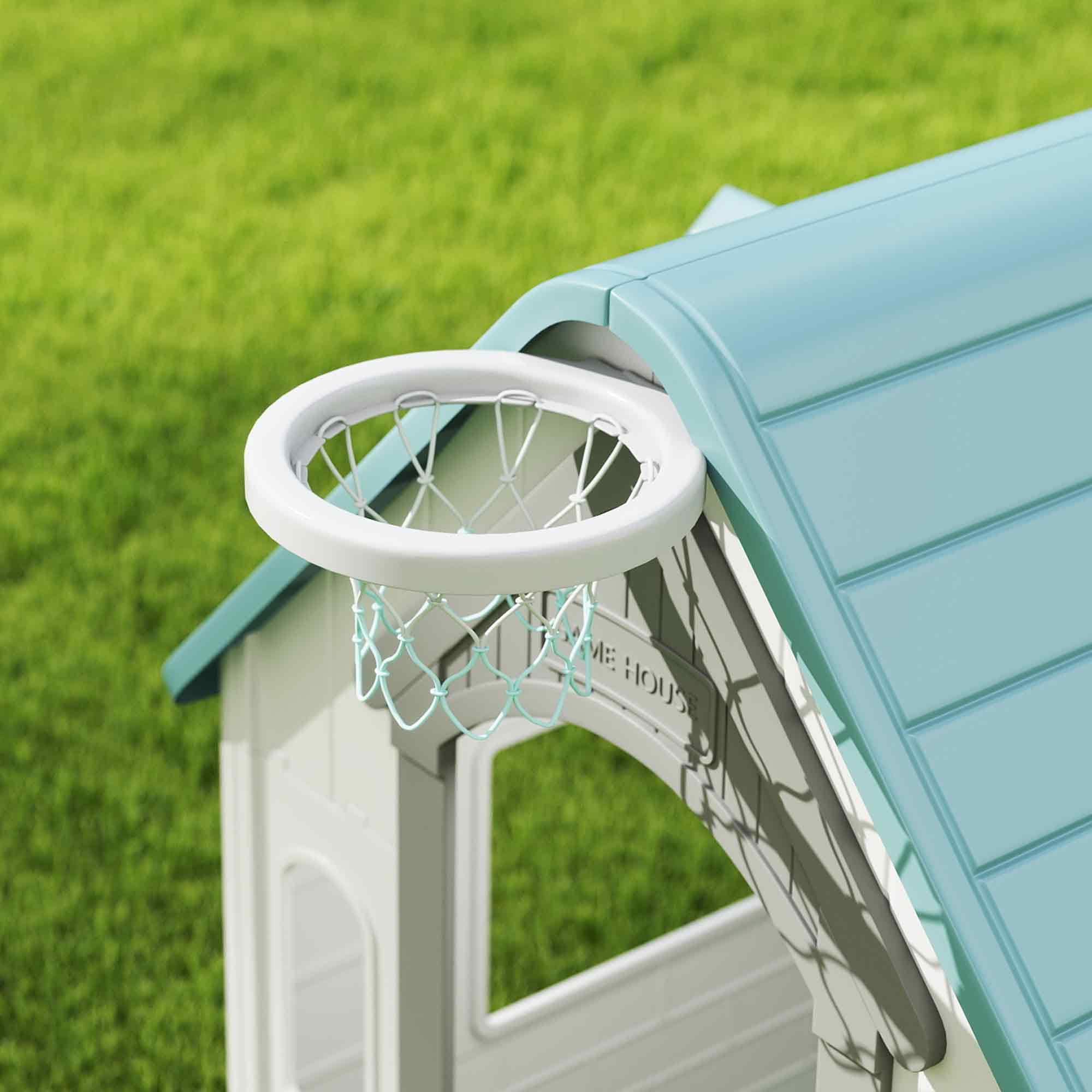 AIYAPLAY Casita Infantil Exterior e Interior 5 en 1, Casita Infantil de Jardín con Lanzamiento de Aros, Baloncesto, Fútbol, Dardos, Casa de Juegos para Niños de 2-5 Años, Beige