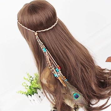 Barode Boho Peacock Feather Headband and Armband Hippie Tassel Hairband Indiana Headdress Party Prom Decoration Hair Accessories for Women and Girls(set of 2) (Beige)