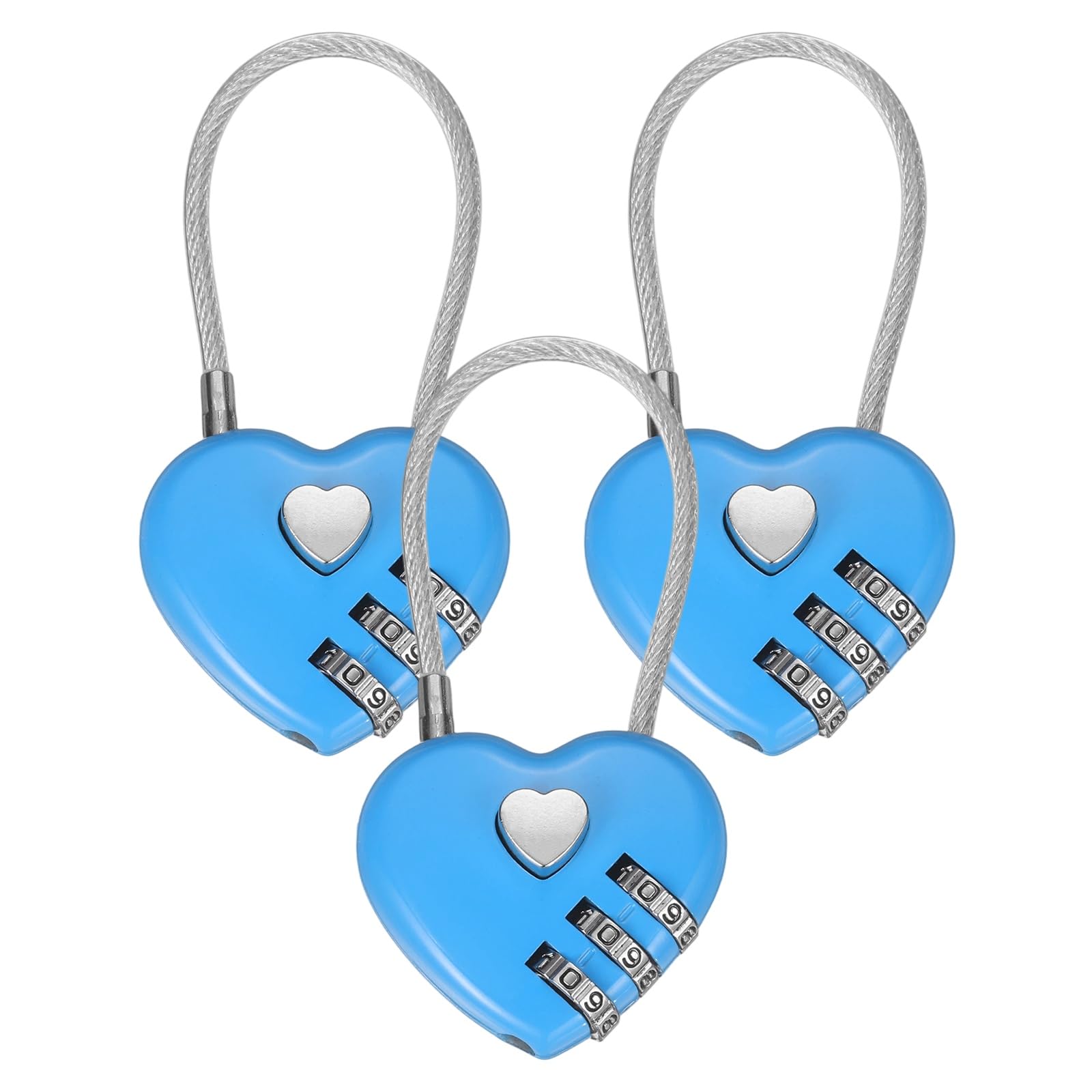 M METERXITY 3-Pack Combination Locker Lock, 3 Digit Heart Shaped Padlock Gym Locks with Cable for Luggage/Suitcase/Backpack Zipper/Outdoor, Small Combo Lock [Blue]