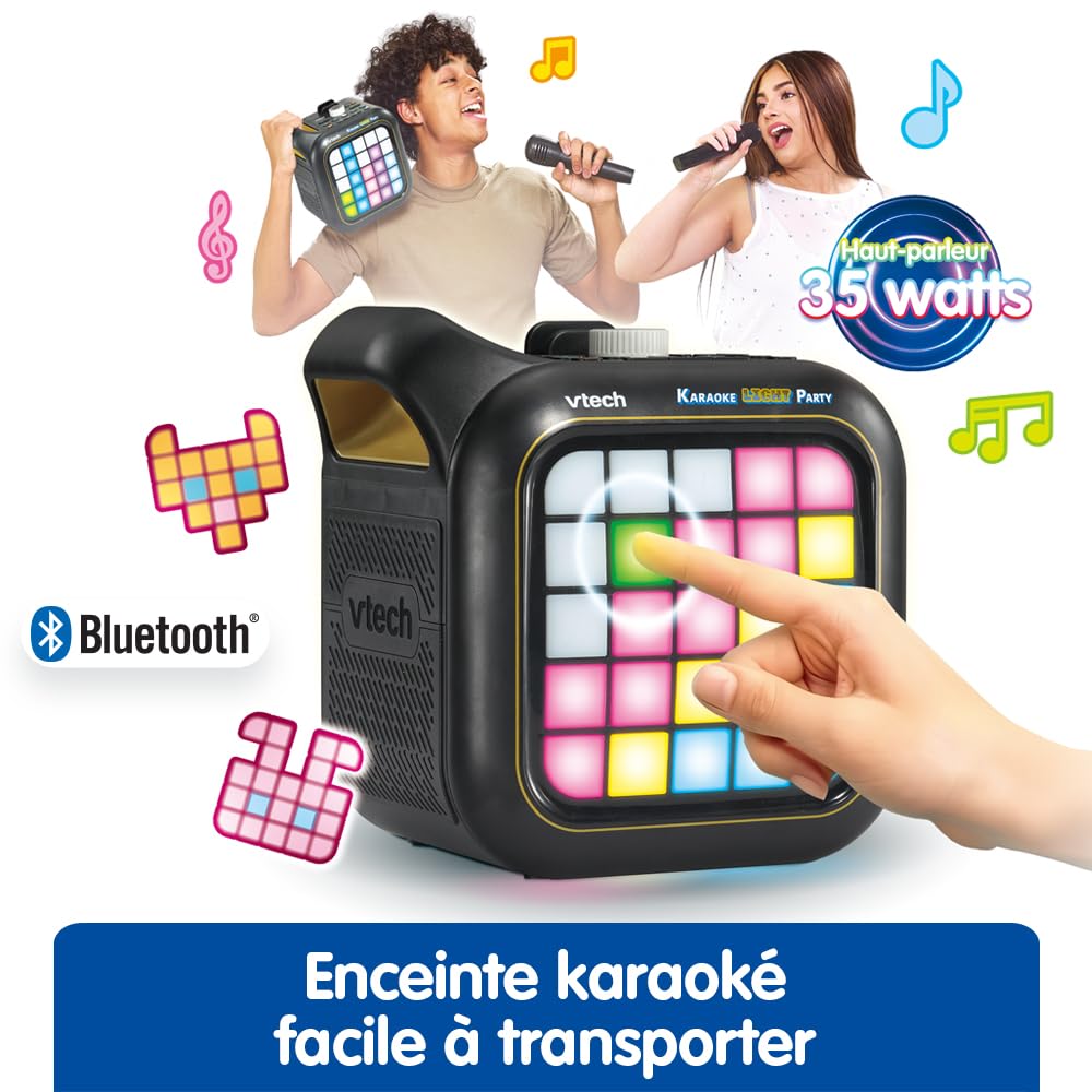 VTech Karaoke Light Party Enceinte Bluetooth Lumineuse Pixel Art Kit Karaoké Complet avec 2 Micros sans Fil Modificateur de Voix Jeux