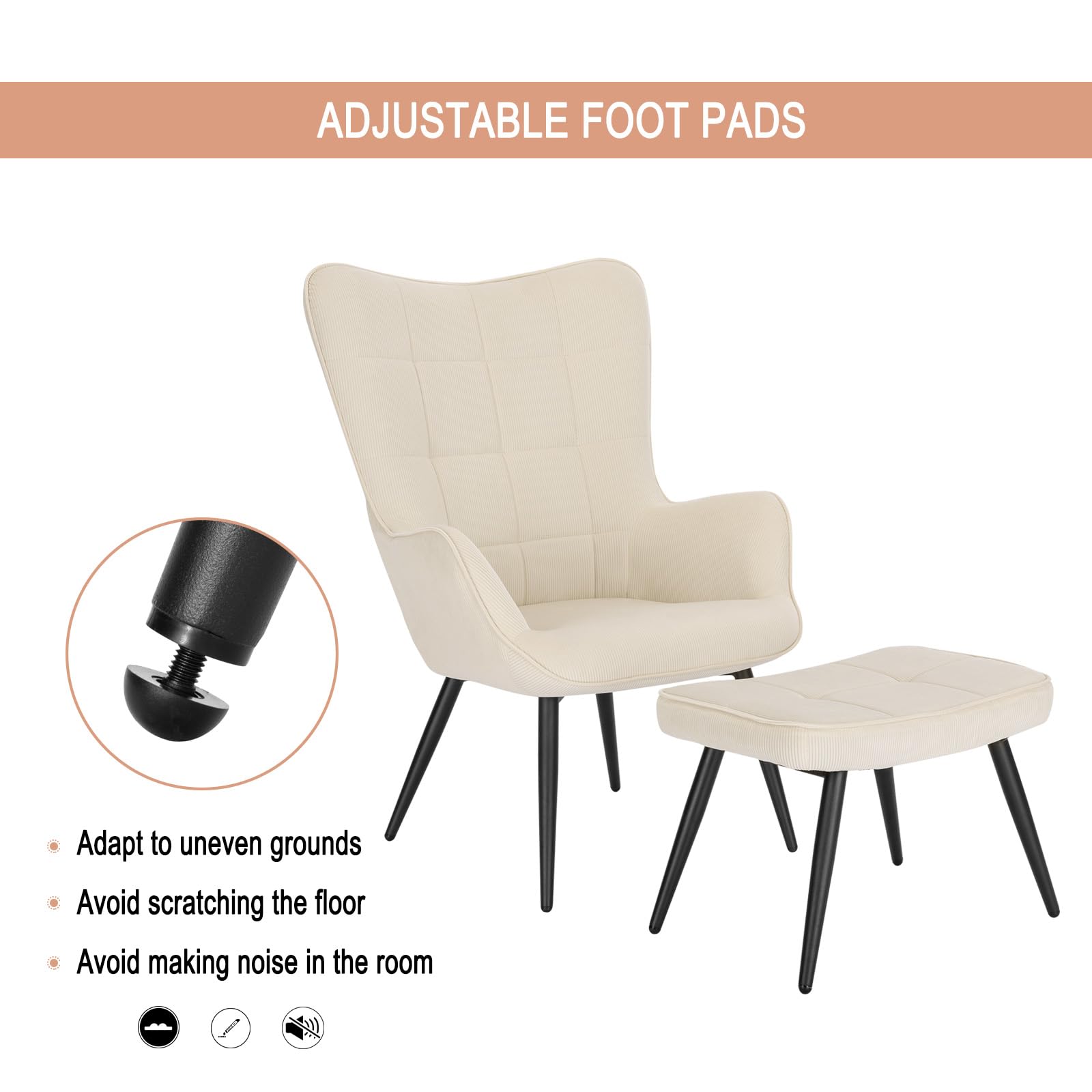 WOLTU Sillón de Relax con Reposapiés, Respaldo Alto, Blanco Crema | Salón con Taburete, Silla de Salón de Escritorio con Escabel, reposabrazos, patas de metal, Topes en Patas
