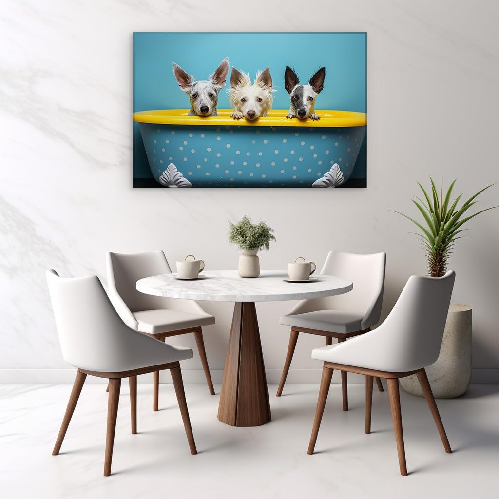 Canvas for Living room. A Delightful Mismatch: Three Unique Dogs Share a Bath in a Bathtub of Contrasts, 27 x 18 inch Canvas Wall Art - Cavalier King Charles Spaniel - Nature Home Decor