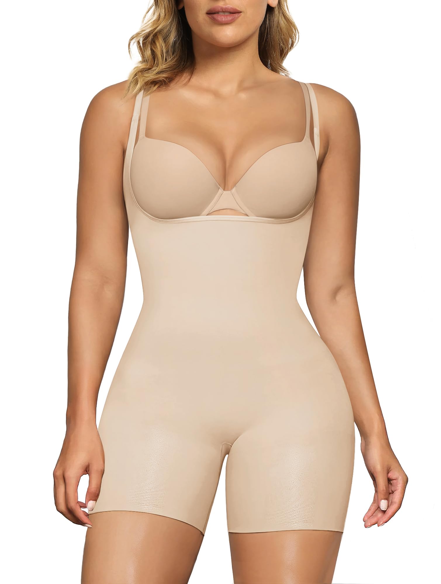 SHAPERX Open Bust Shapewear Tummy Control Bodysuits for Women Seamless Compression High Waisted Body Shaper