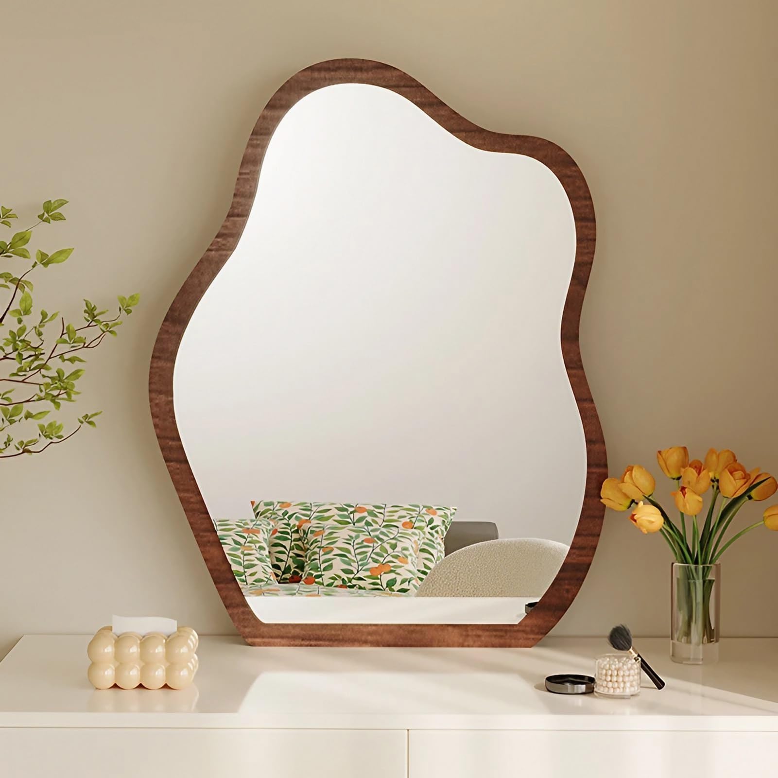 FGXHHS Irregular Wave, Asymmetrical Wall Mirror with Wooden Frame, Rustic Home Decor for Living Room Entryway Bedroom Vanity(Walnut,36x56cm(14x22inch))