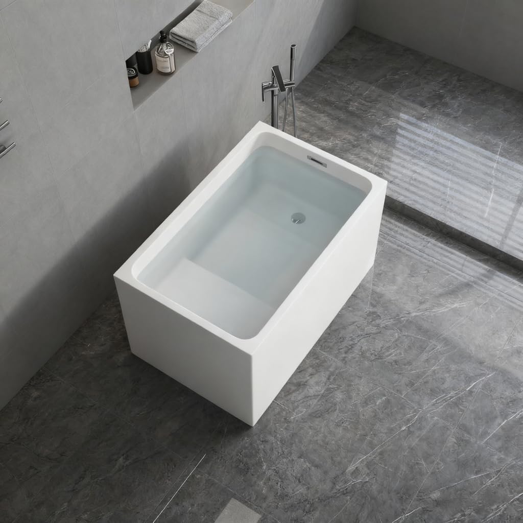 AMAPO 43" Acrylic Free Standing Bathtub，Square Shape Japanese Soaking Tub With Seat Desgin，CUPC Certified (White, 43in With Seat)