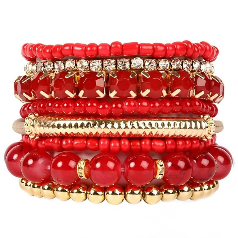 Pingyongchang Stackable MultiLayer Bohemian Crystal Bead Bracelets Set for Women Handmade Colorful Gold Beads Natural Stone Stretch Bangles Friendship Holiday Beach Anklets Jewelry-Red