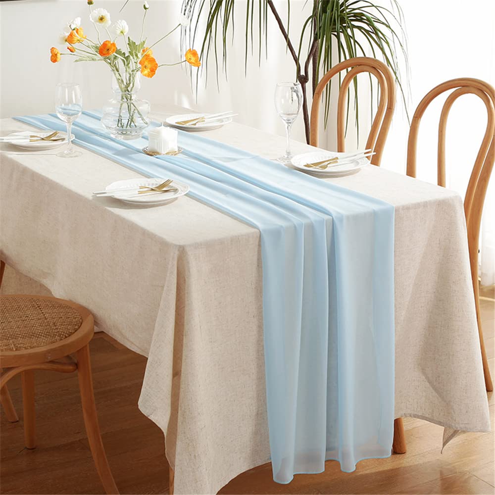 Highdi Sky Blue Chiffon Table Runner Sheer Wedding Table Cloth Rectangle Kitchen Runners For Birthday Party Dinner Baby Bridal Shower Romantic Wedding Decoration (70X300cm,)