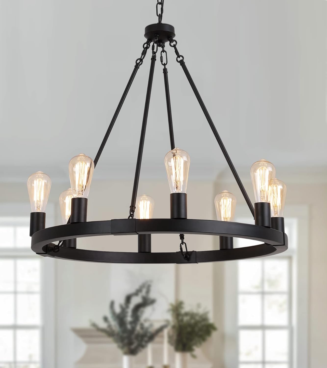 AMZASA Farmhouse 8-Lights Black Industrial Wagon Wheel Chandelier Light Fixture for Foyer Dining Room Kitchen Living Room Entryway Dia27 Inches UL Listed