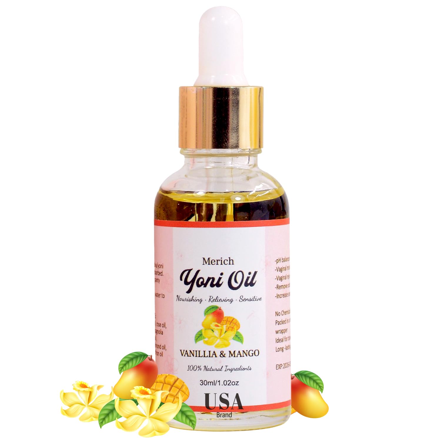 MERICH Natural Yoni Oil | Feminine Yoni Detox Oil | Naturally Scented Vaginal Oil | Restores pH Balance for Women | Eliminates Odor | Natural Vaginal Tightening and Gentle Cleansing (Vanilla & Mango)