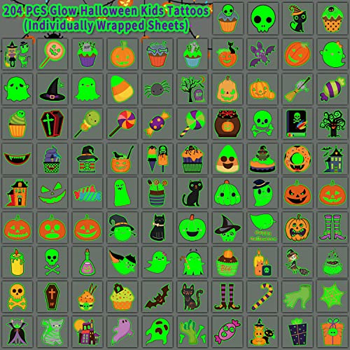 Partywind 204 PCS Individually Wrapped Sheets Glow Halloween Tattoos for Kids Party Decorations, Luminous Pumpkin Tattoo Stickers, Kids Halloween Treats, Party Supplies3
