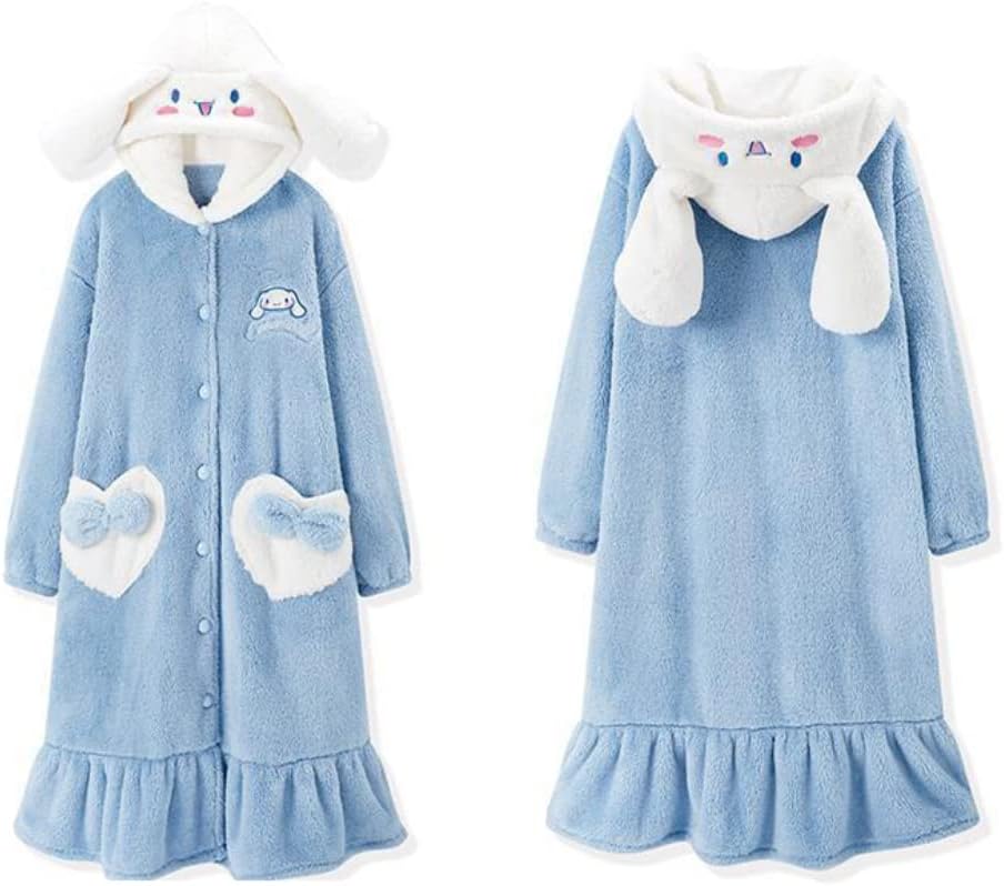Brrioe Women's Cute Robe Button Bathrobe - Hooded Plush Sleepwear with Kawaii Pattern and trousers Sets
