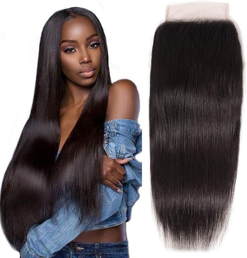 9A Brazilian Virgin Hair Straight Human Hair 4x4 Lace Closure Free Part Brazilian Human Hair Extensions Unprocessed Hairpieces for Wigs Natural Black 16"