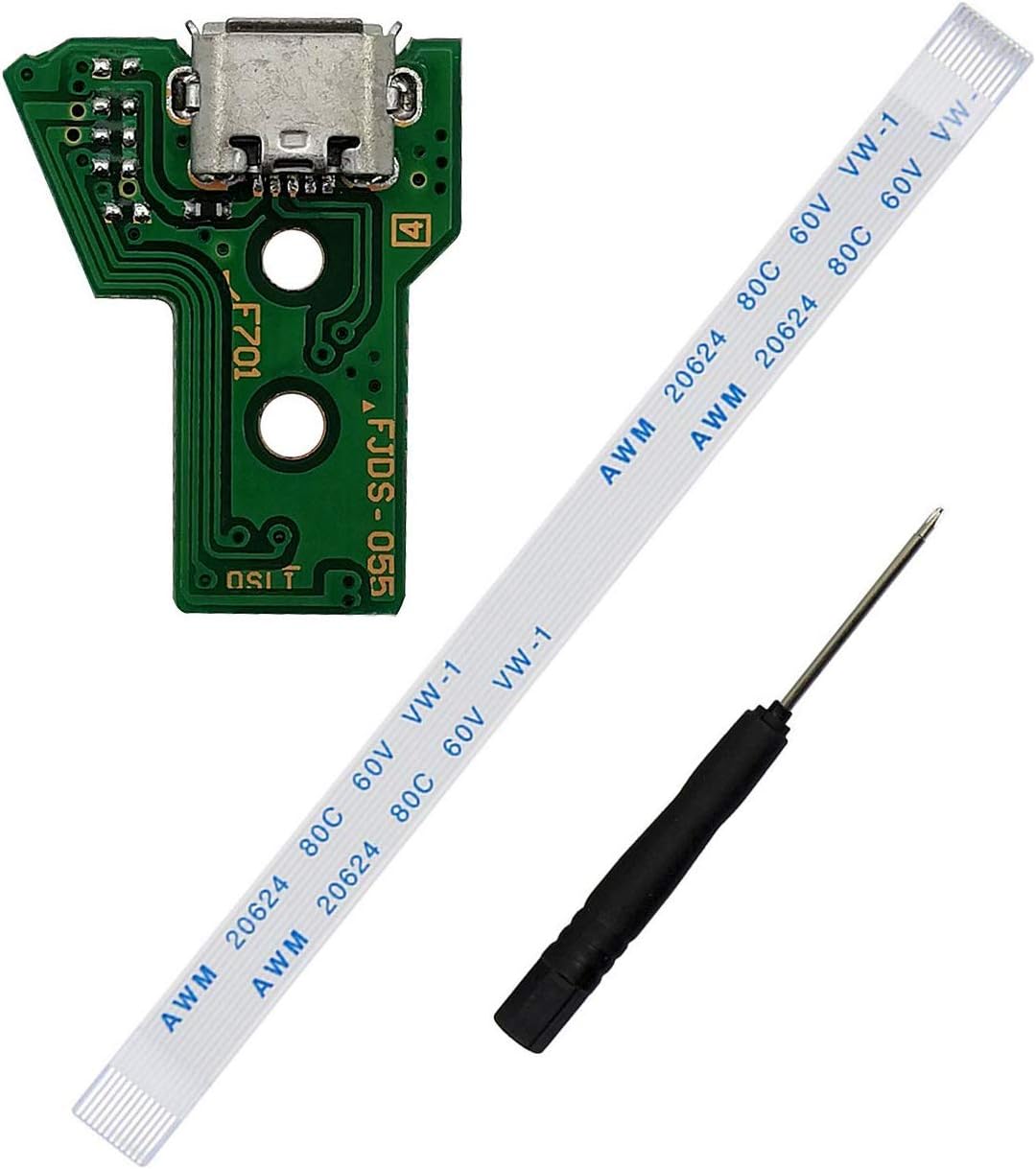 USB Charging Port Charger Socket Board JDS-055 JDS-050 with 12 Pin Power Switch Flex Eject Ribbon Cable for Sony Playstation 4 PS4 DualShock 4 5th Gen Controller + Free Tool