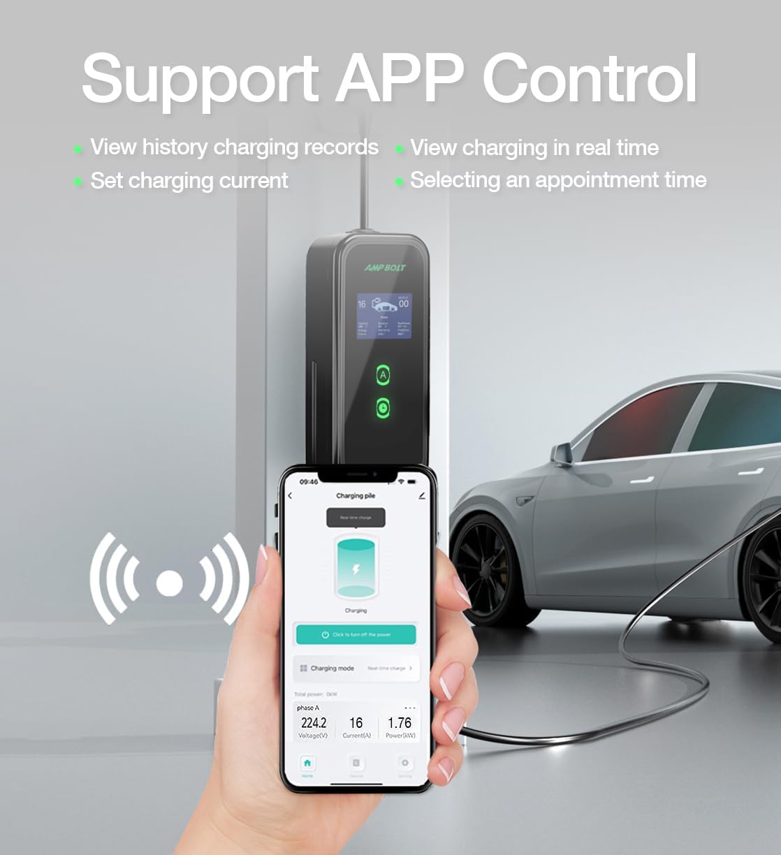 Level 1&2 Portable EV Charger 16 Amp 110-240V,Electric Car Charger with Smart APP,Vehicle Charging Stations with LCD Screen for Home,Compatible with J1772 EV,NEMA 6-20 with NEMA 5-15 Plug