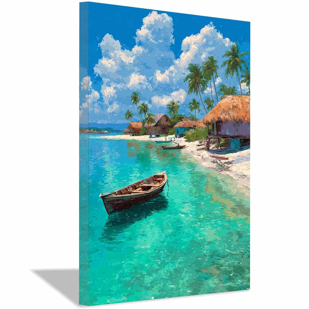 HOQIU Canvas Wall Art Coastsal Boatss & Huts Views canvas art, art print, house decor, bedroom wall decor above bed, prints for living room.(Multicolor)-70x100cm Framed