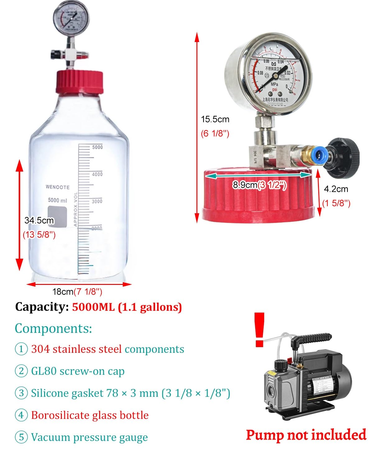 Komora Próżniowa Małe Wiaderko Próżniowe do Odpieniania z Miernikiem Podciśnienia, Butelka Próżniowa do Żywicy, Kompaktowy Zbiornik Laboratoryjny(1.1 Gallon/5000ML)