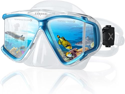 Máscara de buceo panorámica de 4 lentes, máscara de buceo de vidrio templado con cubierta para la nariz, equipo de gafas de esnórquel antiniebla,