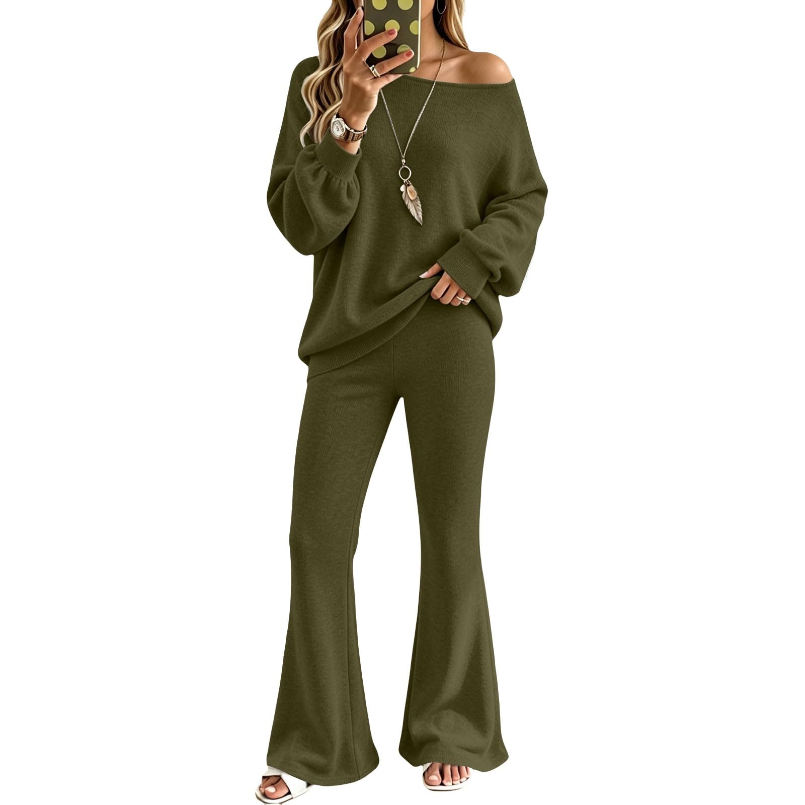Tuta da donna elegante, 2 pezzi, a maniche lunghe, pantaloni lunghi | Maglione a maglia con scollo rotondo, in tinta unita, con pantaloni dritti, 2 pezzi, per il tempo libero