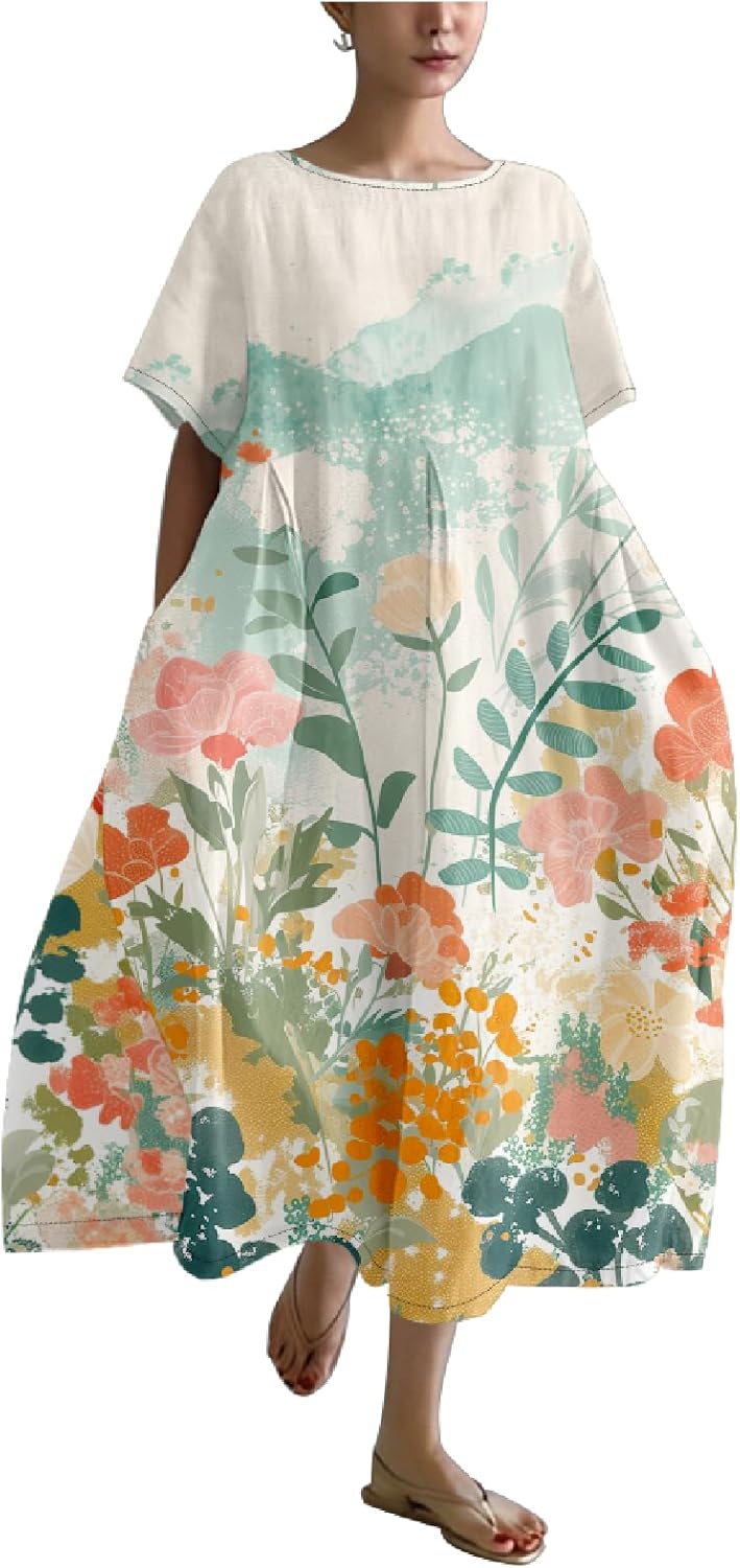 MARSVOVO Japanese Art Dress for Women 2024 Plus Size Vintage Floral Boho Style Loose Fit Linen Blend Flower Dresses