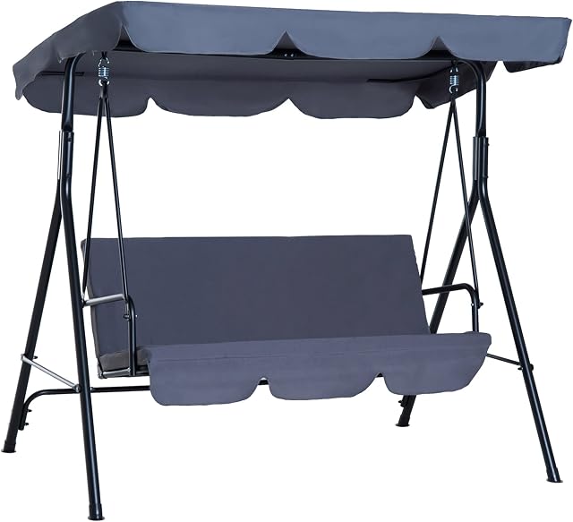 Outsunny 3 Seater Canopy Swing Chair Garden Rocking Bench Heavy Duty Patio Metal Seat w/Top Roof - Grey