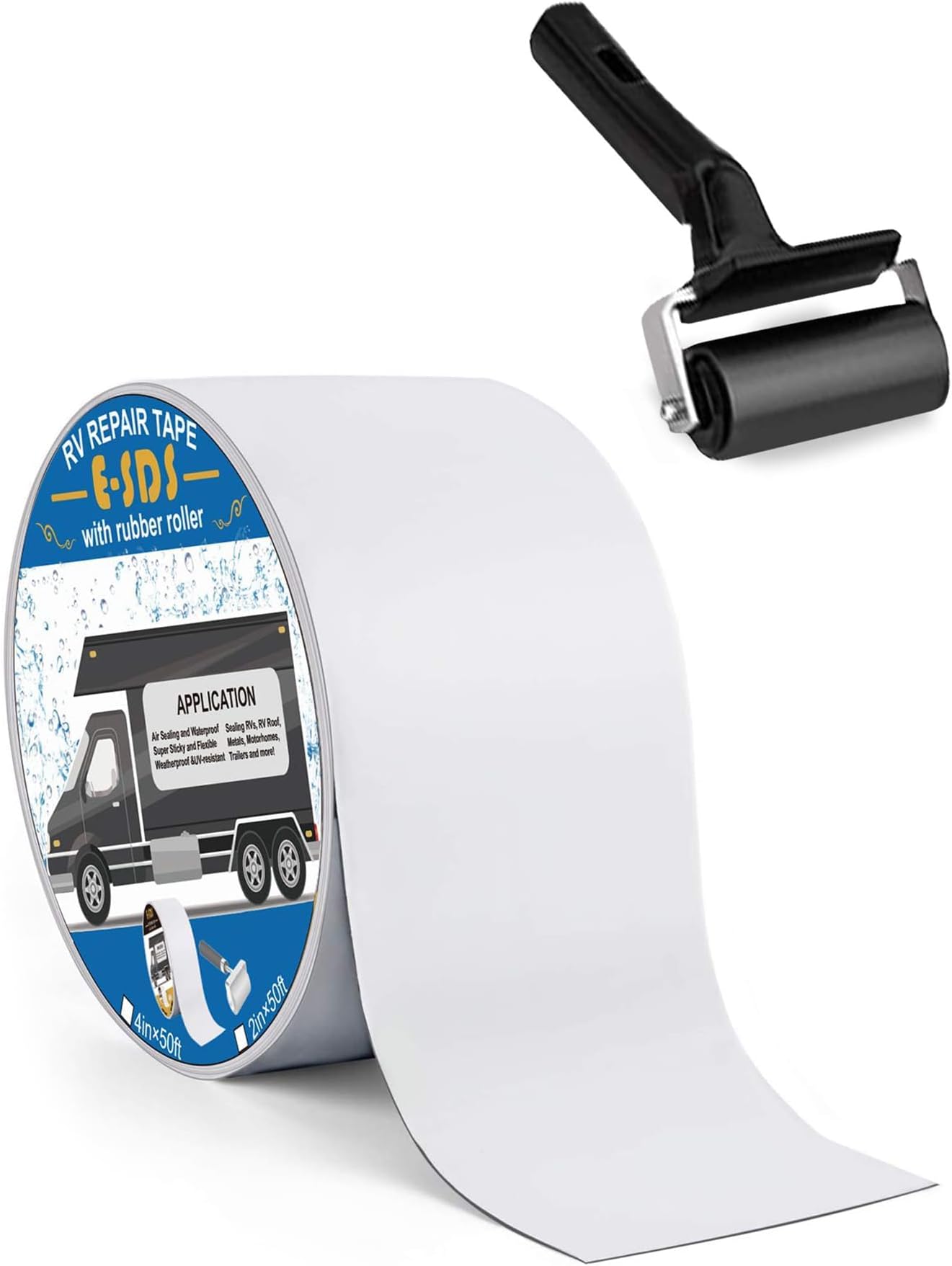 E-SDS RV Roof Sealant Tape 4" x50' with Rubber Roller, RV Roof Repair Sealant Tape Waterproof for Camper Repair, Window, Boat Sealing, Trailer and Camper Leaks