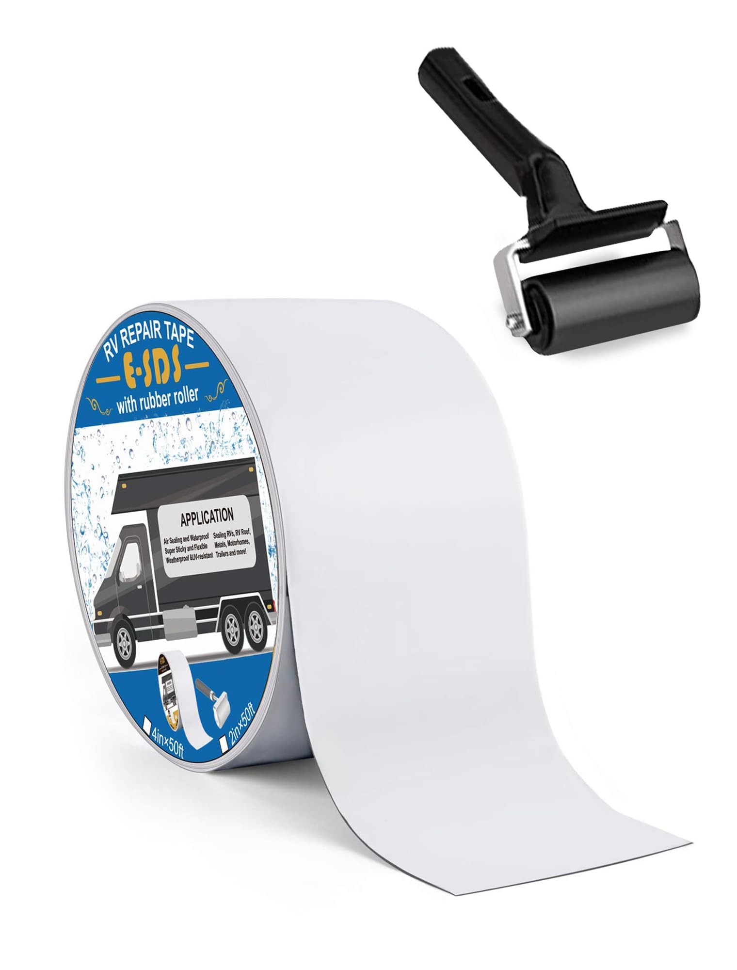 E-SDS RV Roof Sealant Tape 4" x50' with Rubber Roller, RV Roof Repair Sealant Tape Waterproof for Camper Repair, Window, Boat Sealing, Trailer and Camper Leaks