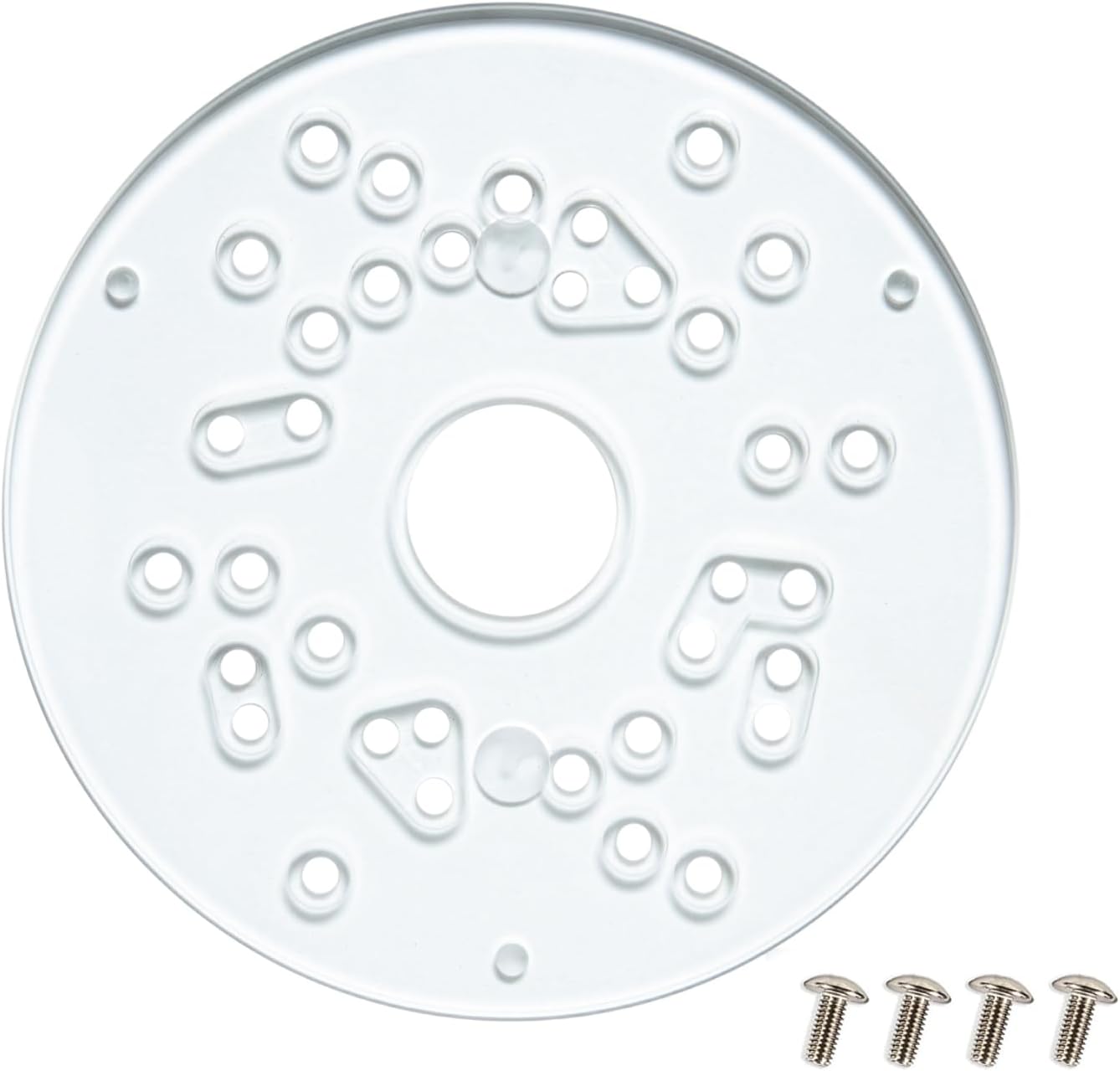POWERTEC Dia 5-3/4" Router Base Plate, Clear Acrylic with Multiple Predrilled Holes, w/Screws for Trim Routers, Fits Bosch, DeWalt, Makita, Porter Cable, Ryobi, See Chart for Specific Models (71381)