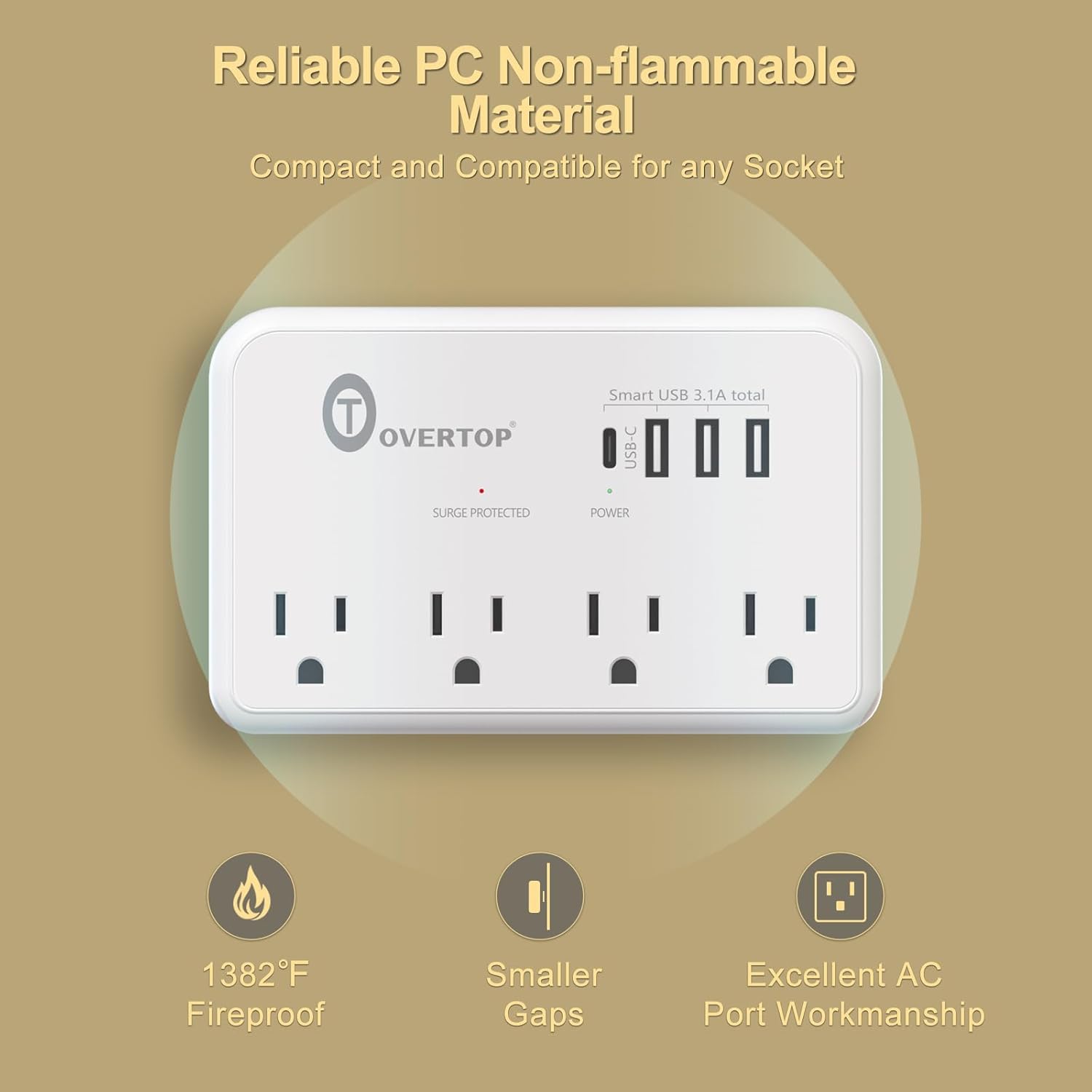 Overtop Wall Outlet Extender, Electrical Surge Protector, 4 AC Outlet Splitter with 4 USB Ports(1 USB C), Small Multi Plug Wall Charger for Home, Office, Classroom, Travel,Dorm Essentials