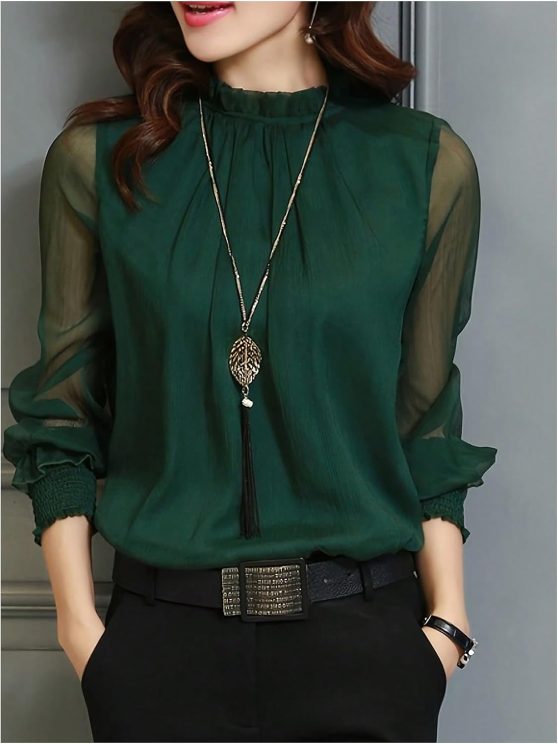 SweatyRocks Women's Elegant Pleated Mock Neck Chiffon Blouses Shirred Lantern Long Sleeve Work Tops - Image 4