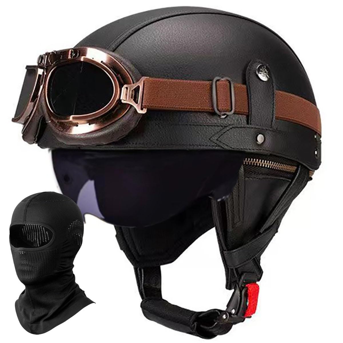 German Leather Motorcycle Half Helmet Vintage Half Face Helmet for Adults Men Women, Lightweight Retro Open Face Helmet for Moped Bicycle Cruiser Scooter Chopper, ECE Approved