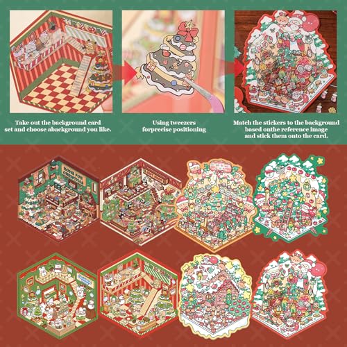 SZXYCZL Cute Miniature Scene 8Sets DIY 3D Stickers Scene Christmas House, Make You Own Mini House Sticker Therapy for Teen Adult Relief Pass The Time-Merry Christmas by SZXYCZL - Image 5