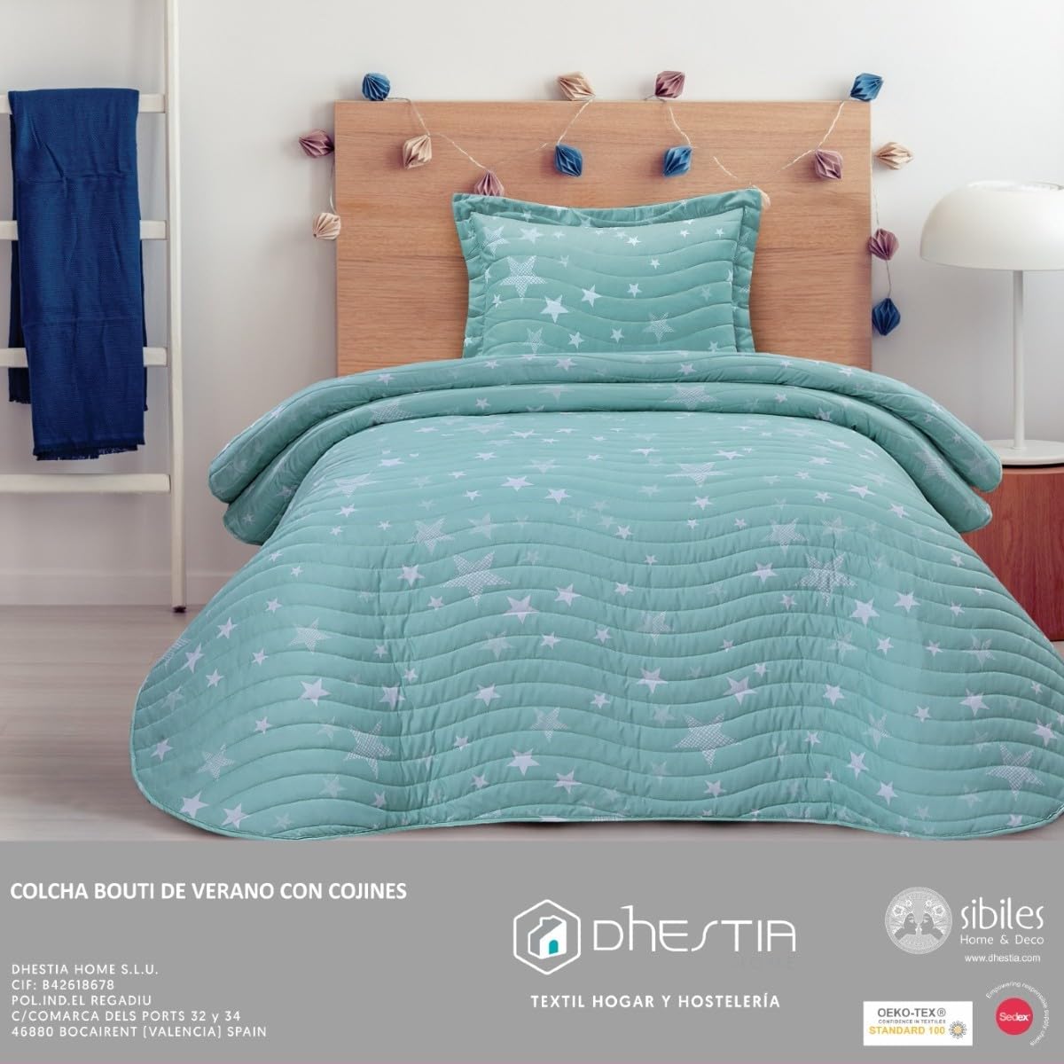 DHESTIA HOME Colcha Bouti Cosida Infantil y Juvenil con Cojín Modelo Estrellas Stars Agua Color Agua Talla Cama 90