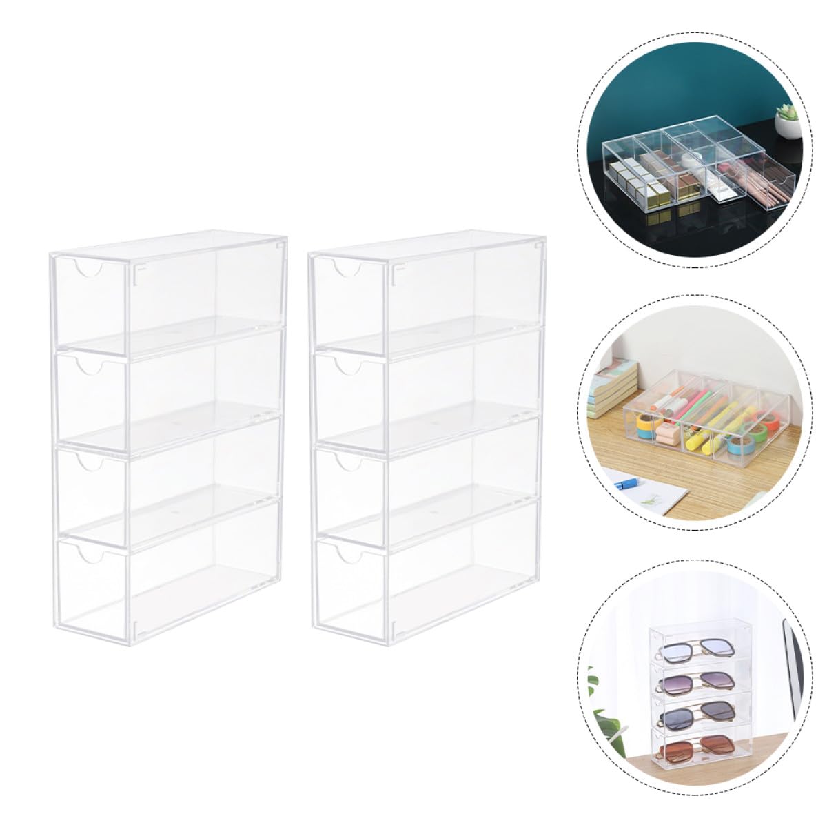 Mikikit Caja Transparente para Guardar Gafas y Joyas, 4 Capas, Acrílico Resistente, Multiusos, para Organización en Hogar y Oficina, Pack de 2 Unidades