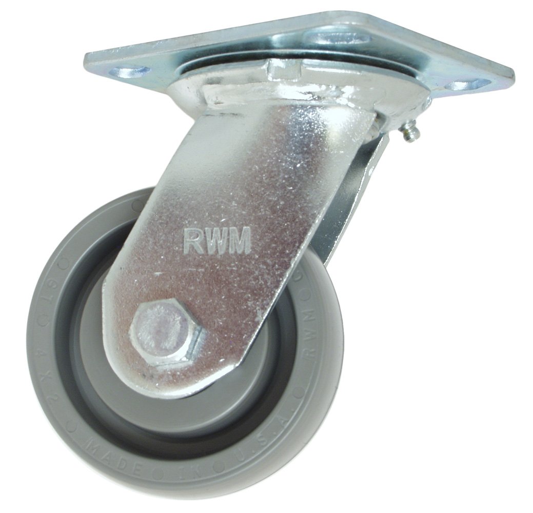 RWM Casters45 Series Plate Caster, Swivel, Elastomer Wheel, Ball Bearing, 1050 lbs Capacity, 4 Wheel Dia, 2 Wheel Width, 5-5/8 Mount Height, 4-1/2 Plate Length, 4 Plate Width by RWM Casters
