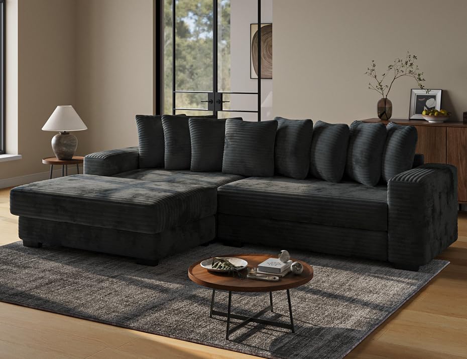 ohllob 110' Modular Sectional Sofa, L Shaped Couch with Chaise Lounge, Fluffy Corduroy Cloud Couch with Deep Seat for Living Room (Black)