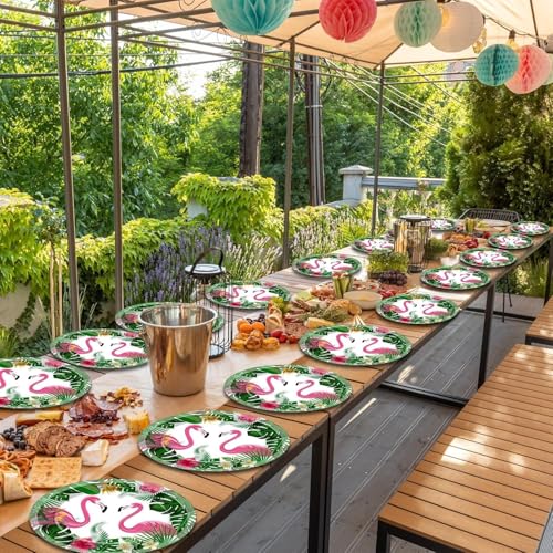 Flamingo Partygeschirr Set,61 Stück Partygeschirr Kindergeburtstag,Tropischer Vogel Pappteller,Hawaii Thema Geburtstag Party,mit Pappteller Becher Servietten Tischdecke Strohhalme,für 10 Gäste